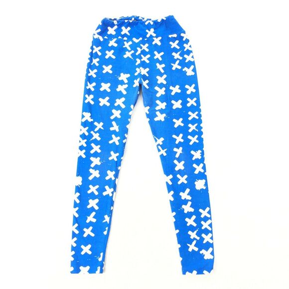 LuLaRoe Womens One Size Leggings Bright Blue White X Mid Rise Pull On Stretch - Picture 1 of 9